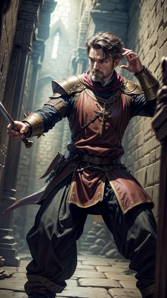 I want a picture of a murderer . a clergyman. A warrior. A bard facing a dragon in a dungeon