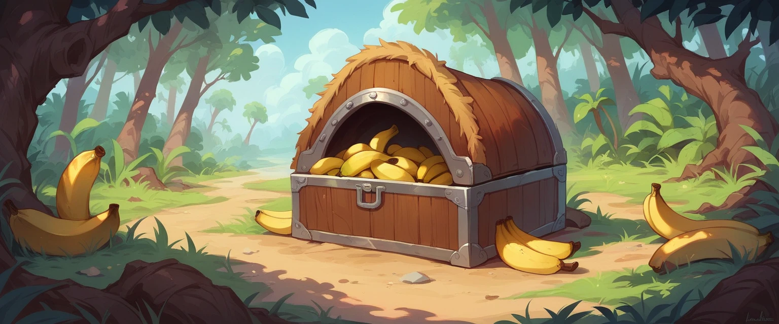 An old treasure chest in a banana forest full of bananas