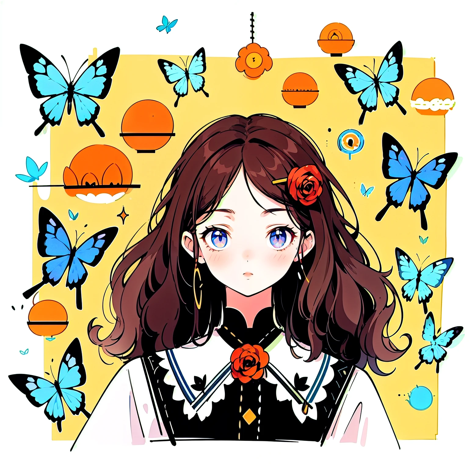 Brownish black hair, Iris, Fair skin, Face like goose eggs, Facial features with atmosphere, expensive, Confidence and strength, Firm and plump, high school girl, , Curly Hair, Hair Bun, With hairpin, Red Rose, Blue Butterfly, White Rabbit, signboard, Official Quality, mysterious, Light and shadow, Correct Proportions, aesthetics, atmosphere,