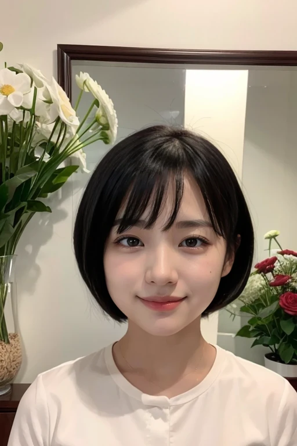 (natural lighting:1.3), 8k, RAW photo, best quality, masterpiece, realistic, photo-realistic, clear, beautiful face, no makeup, best quality, ultra high res, BREAK, Japanese cute girl, 14 years old, (short cut hair:1.2), smile, standing, BREAK, (black eyes, black hair:1.2), inside flower shop