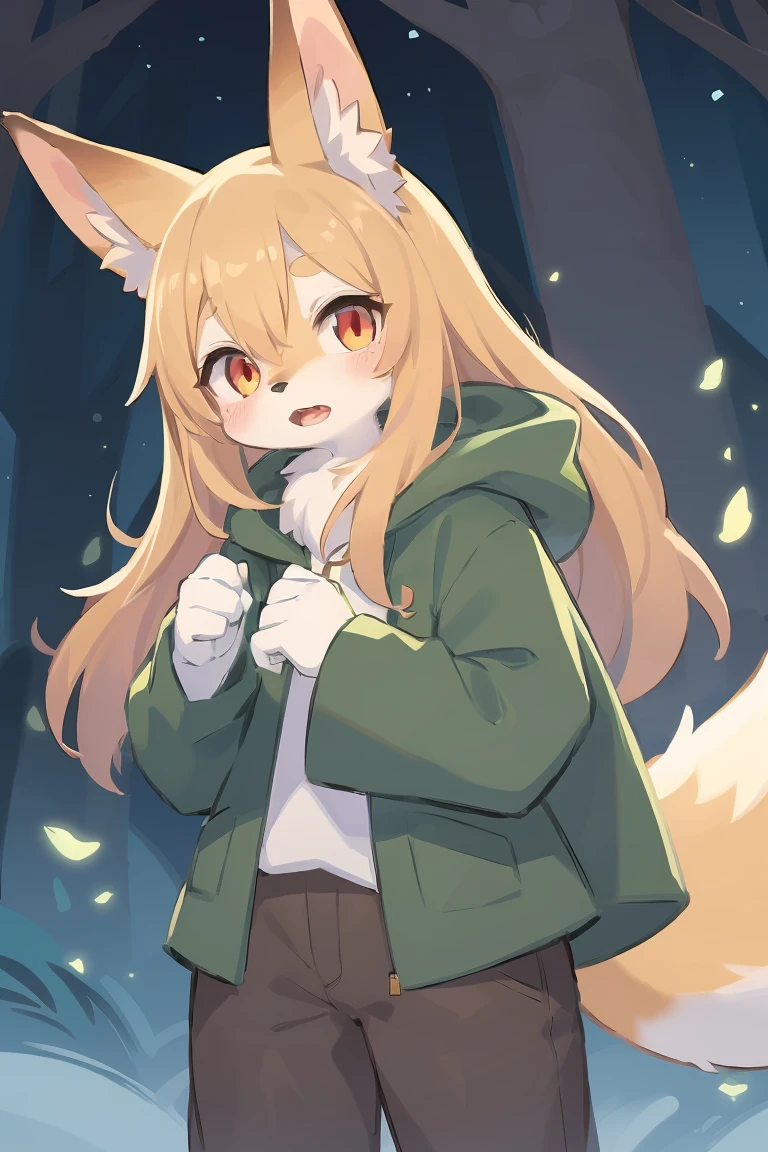 flat color, shota the fox, , was hairy, shaggy, skin fur, smooth lashes, golden fur, forelimb hands, straight long blonde hair, solid circle eyes, golden ears, golden fur, golden facial fur, shiny hair, red eyes, super cute face, 1fox tail, fluffy tail, furry tail, glowing eyes, green coat green hood down, brown trousers, open mouth, ambient light, ultra-fine fur, dashed eyes, masterpiece, high quality, high-details, best quality, (solo)
