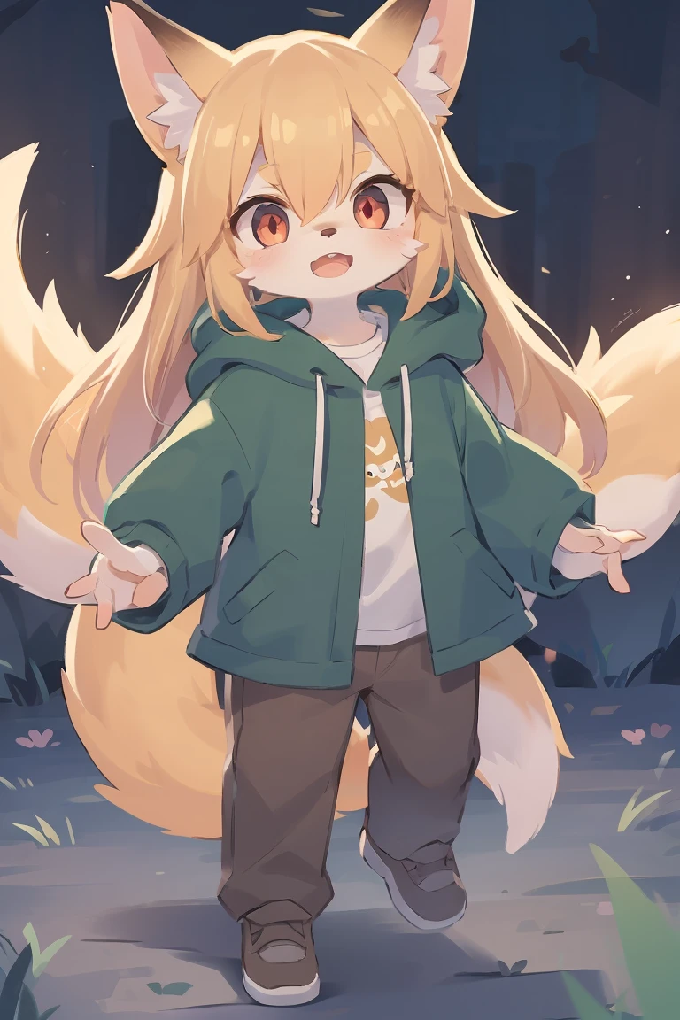 flat color, shota the fox, , was hairy, shaggy, skin fur, smooth lashes, golden fur, forelimb hands, straight long blonde hair, solid circle eyes, golden ears, golden fur, golden facial fur, shiny hair, red eyes, super cute face, 1fox tail, fluffy tail, furry tail, glowing eyes, green coat green hood down, brown trousers, open mouth, ambient light, ultra-fine fur, dashed eyes, masterpiece, high quality, high-details, best quality, (solo)