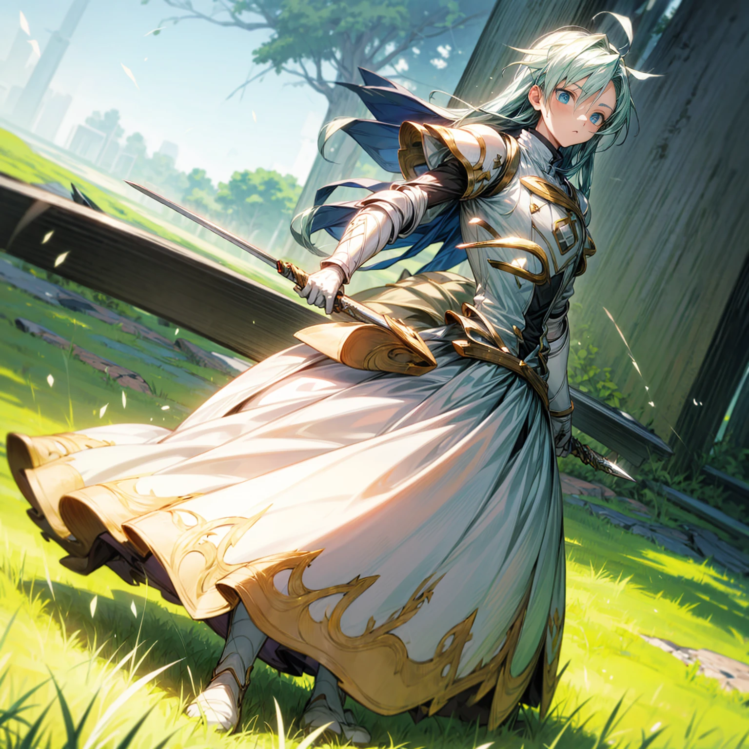 Blue eyes, white long hair, knife in hand, motion blur, white armor, (Hunter x Hunter style art)