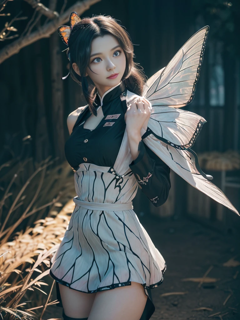 Tolerate, Demon slayer, Shinobu Kocho, anime, 22 years old, ((Butterfly themed costume, A black haori coat with a butterfly pattern, Brown full-body military uniform)), ((Tolerateコスプレ)), ((A very cute caucasian 22 years old mom cosplaying shinobu), ((Blur the background)), 1 person、girl, Wide range photograph撮影, Wide range, (beautiful girl), Long and beautiful face, Clear Face, Realistic Face, True Face, Absolute reality, ((Hot body)), ((Demon slayer dress)), ((Demon slayer)), ((Tolerateドレス)), ((Cosplay Dresses)), Huge , Covered, (((Realistic))), ((Dress neatly)), waist curve pose, surface side, (8K, RAWphotograph, Highest quality, masterpiece), (Realistic, Realistic: 1.9), ((Full Body Shot)), Stylish pose, ((Highly detailed skin: 1.2)), ((Realistic: 1.9)), photograph, masterpieces, Highest quality, (Beautiful Blue Eyes, Gorgeous pale gray black curly hair, White skin, Thick body, Coarse hairs on lower abdomen, perfect slim figure), Various poses, Highly detailed face, Fine grain, Many people are looking at her with excitement., (((close))), Light of the sun, Cinematic, ((photograph撮影)), photograph