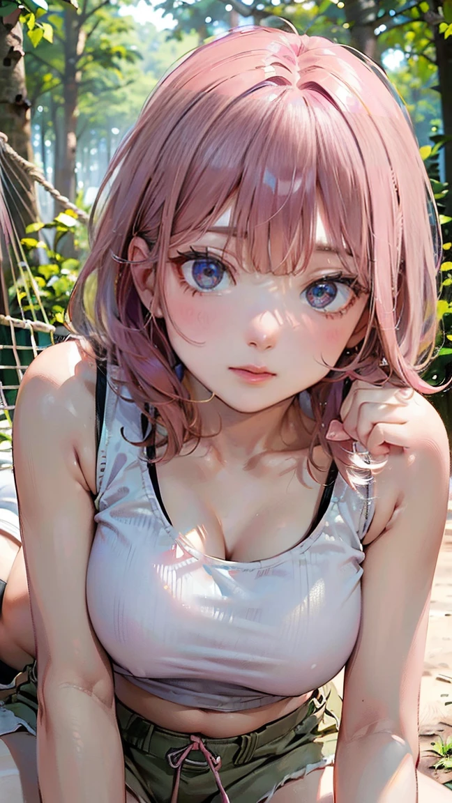 (Masterpiece, BestQuality:1.3), (ultra detailed:1.2), (hyperrealistic:1.3), (RAW photo:1.2), High detail RAW color photo, professional photograph, (Photorealistic:1.4), (realistic:1.4), (Pink Hair:1.5), professional lighting, perfect anatomy, (Big Breasts:1.2), (blush, detailed face), (A happy smile:1.7), sexly, erotic sexly, Random sexy gravure poses, (White tank top and khaki shorts、The background is the forest、Lifting her tank top a little to show her belly、Lying in a hammock pose。:1.3)