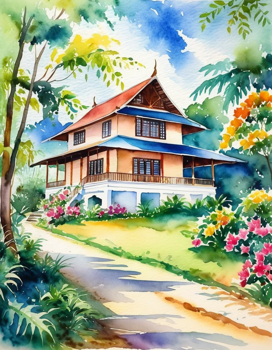 painting with watercolors Cottage house in Thailand which is the part Have a quiet life There is privacy, a way of life, farming, natural views, perfectly appropriate pictures from the 1950s, painted with bright watercolors.