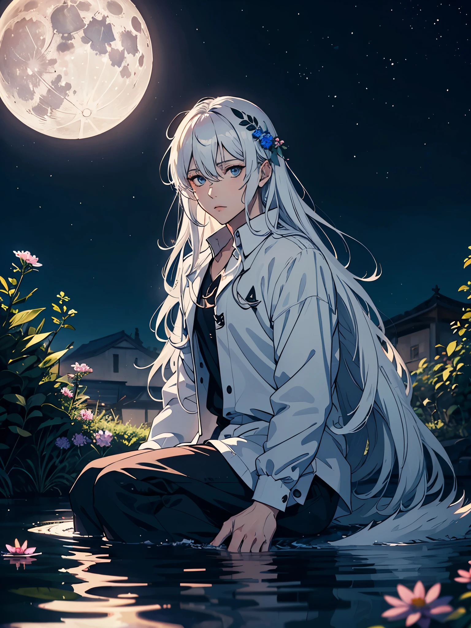 Viele weiße vögel. Nackt. Lights. More anime. light blue light. Bright bright light. magical. Moon. Sitting on a big white wolf. Lightening flowers. More anime. male. Blue flowers. Long hair. long white hair. aquatic, boy, God of the Moon, silver hair accessories, White hair.