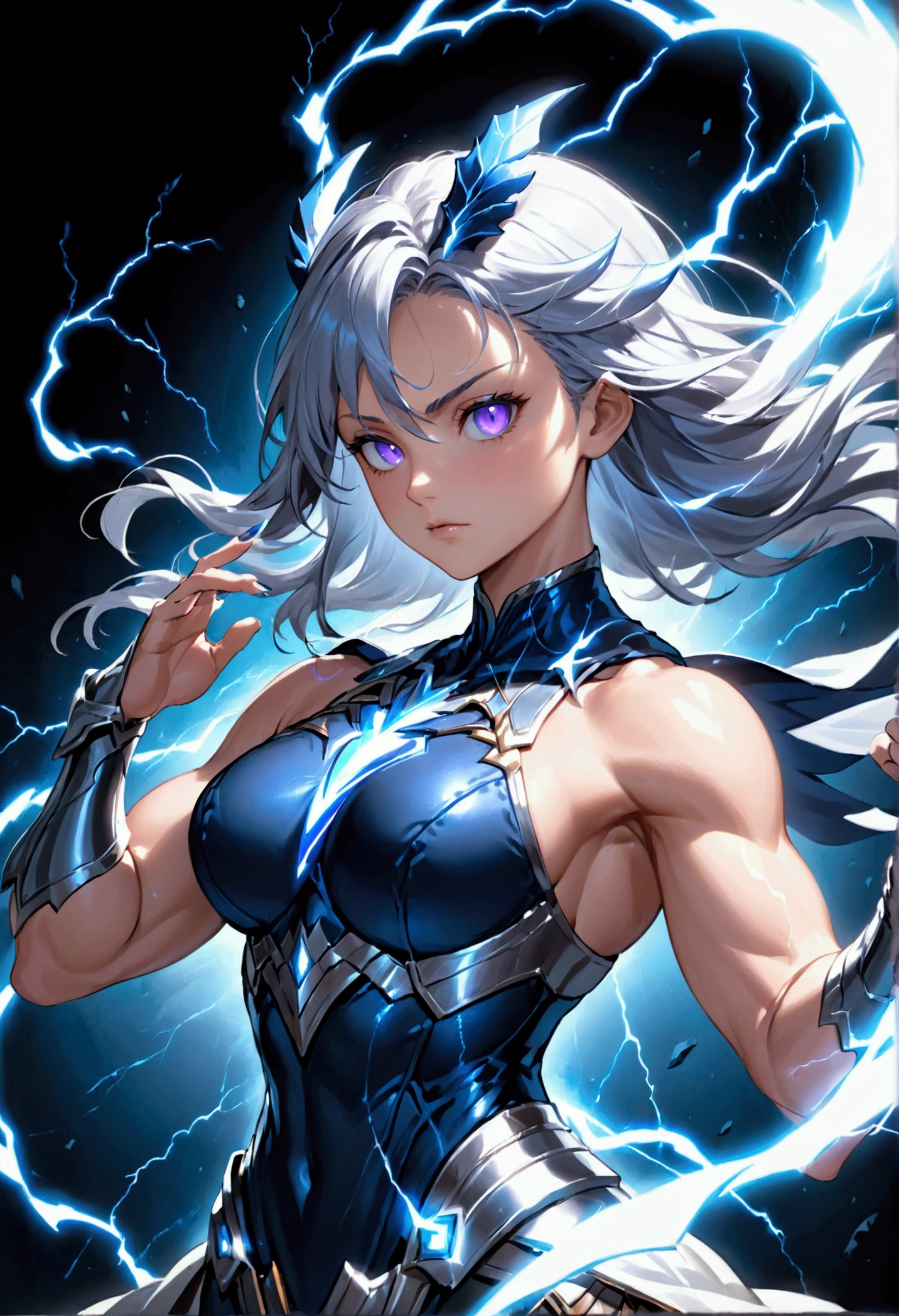 a heroic blue female Valkyrie with muscular biceps, has purple eye pupils, blue lightning flowing through her hands, wears platinum armor, (dynamic) (elegant) (beautiful)