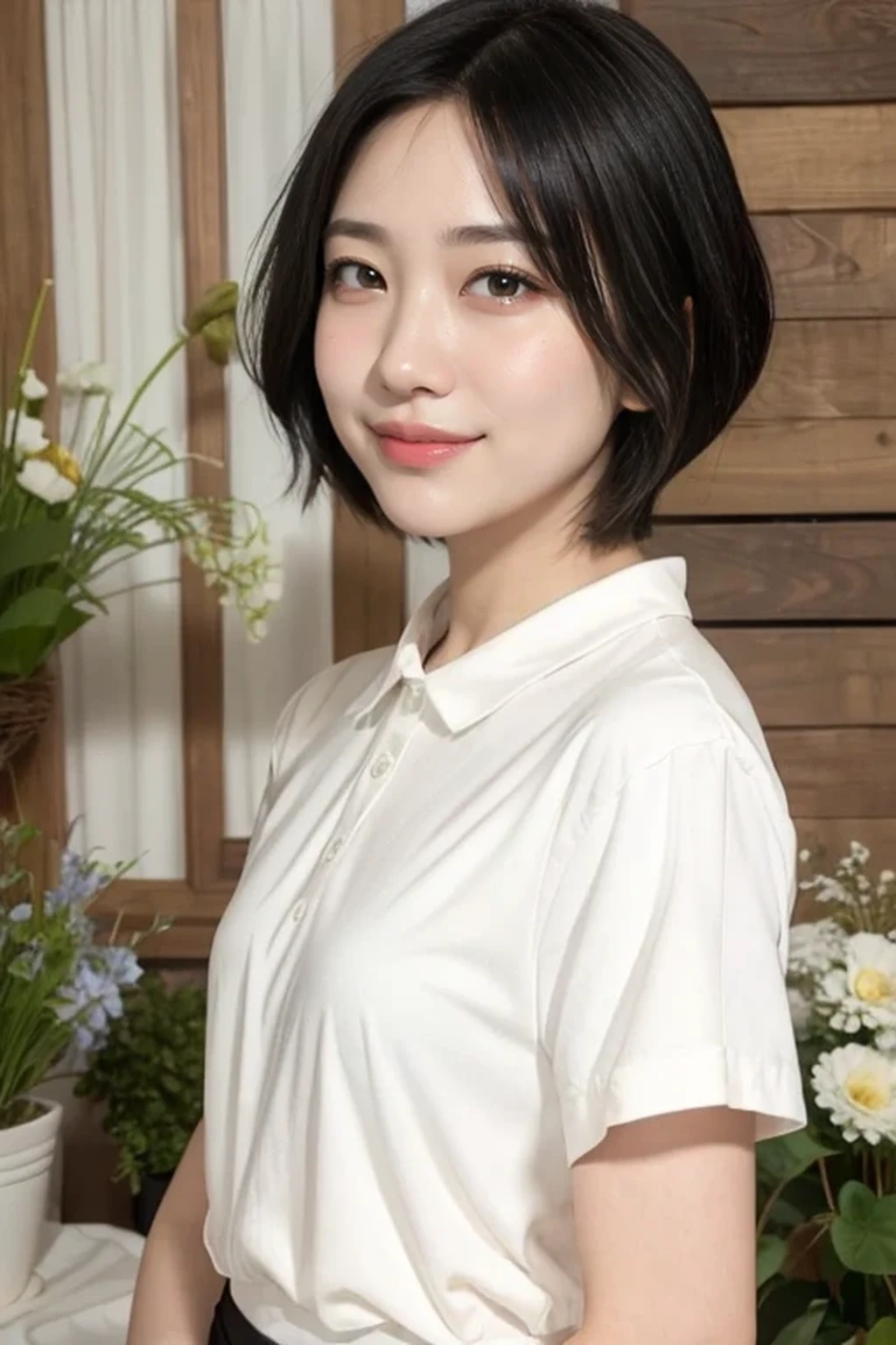 (natural lighting:1.3), 8k, RAW photo, best quality, masterpiece, realistic, photo-realistic, clear, beautiful face, no makeup, best quality, ultra high res, BREAK, Japanese cute girl, 14 years old, (short cut hair:1.2), smile, standing, BREAK, (black eyes, black hair:1.2), inside flower shop