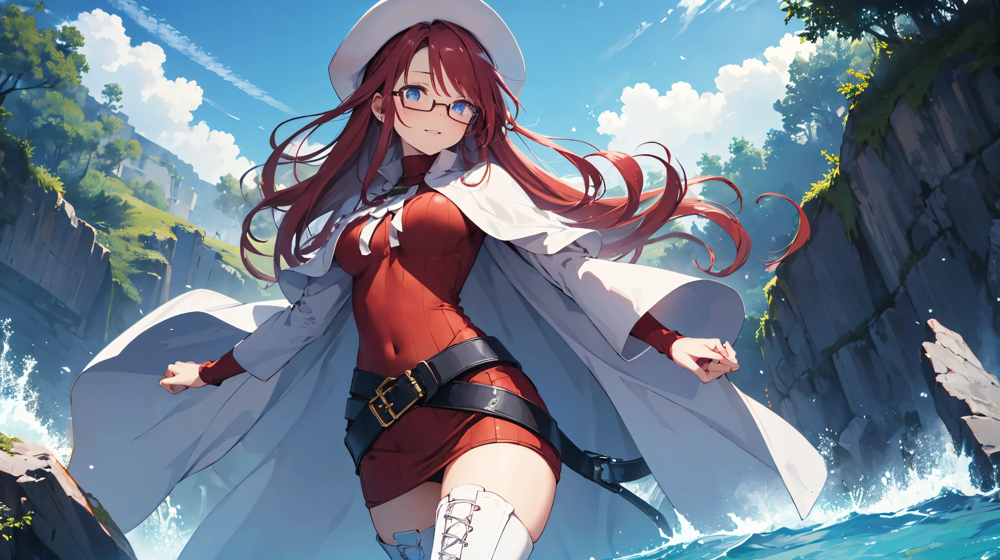summonnightaty, aty, (young:1.3),long hair, blue eyes, red hair, big_tits, hat, glasses,
BREAK long hair, thighhighs, hat, dress, naked_legs, glasses, belt, cape, sweater, zettai ryouiki, beret, thigh boots, white footwear, ribbed sweater, loose belt,solo,
BREAK outdoors, fantasy,on_beach,
,Highquality_hads,perfect_fingers,
BREAK (masterpiece:1.2), best quality, high resolution, unity 8k wallpaper, (illustration:0.8), (beautiful detailed eyes:1.6), extremely detailed face, perfect lighting, extremely detailed CG, (perfect hands, perfect anatomy),covered_nipples,covered_navel ,half_eyes,long_sword,sleepy_eyes,red_sweater,apart_knees,magical_effect,spread_legs, have_a_book,teacher,rise_knee,Smile,rise_hand,look_down_viewer,spread_arms,sea_waves,looking_into,blue_sky,plump,open_mouth, dynamic_posing,solo