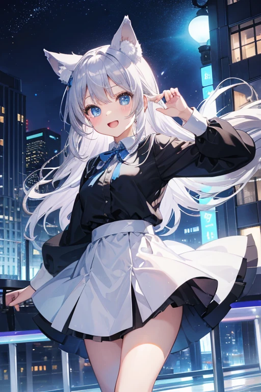 Young、cute、A slightly longer skirt、silver hair、Black Skirt、shirt、Animal Ears、Blue mini ribbon、Background City、Light blue eyes、laughing