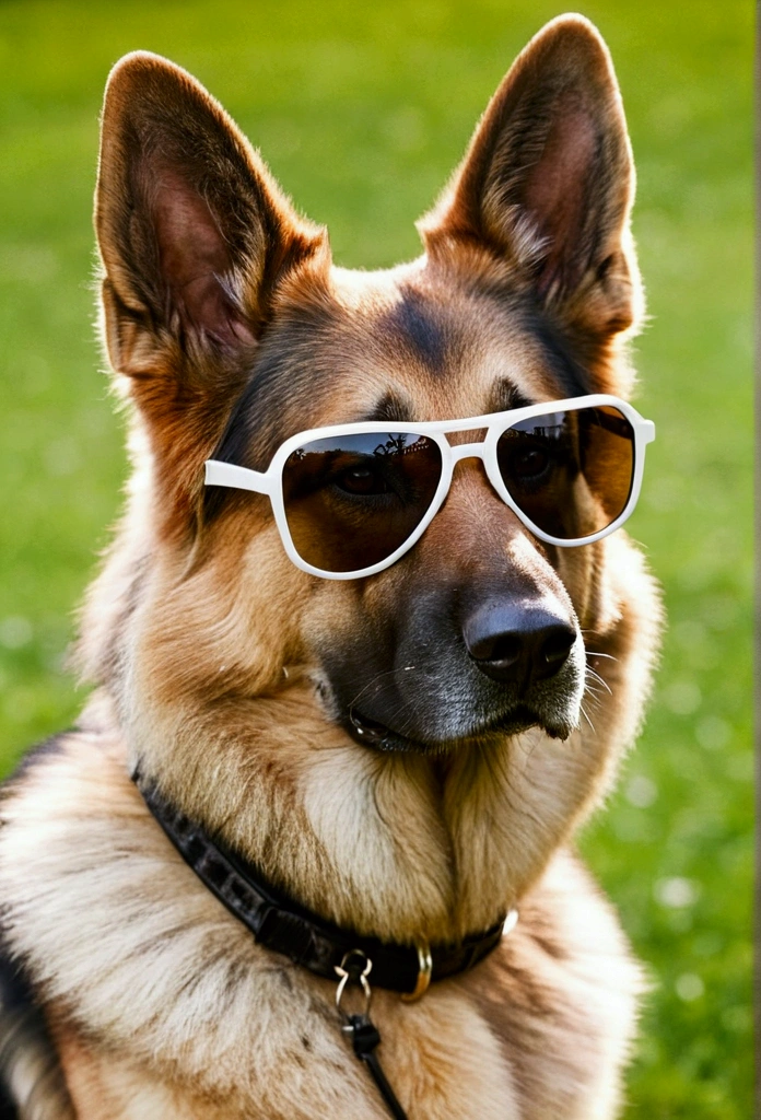 German Shepherd in light brown white with sunglasses 