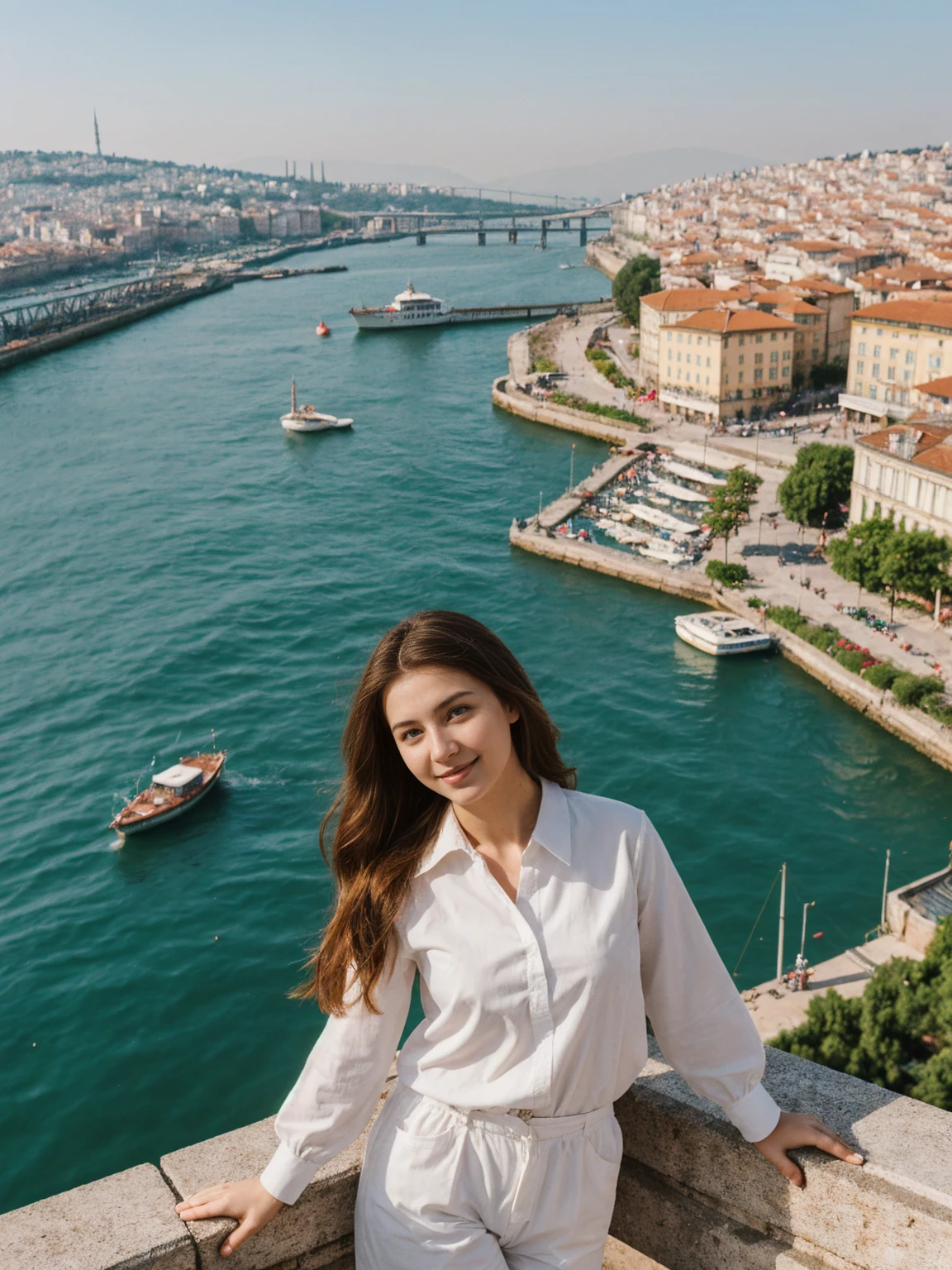 her name is Annie, high quality, 1girl, ((20-year-old fit Caucasian woman)), ((20 years old)), ((fit)) auburn long hair, pose: standing, wearing colored unique g gen Z modern wear, BACKGROUND: Lived between Europe and Asia in Istanbul, with its ancient mosques, bustling bazaars, and breathtaking views of the Bosphorus.