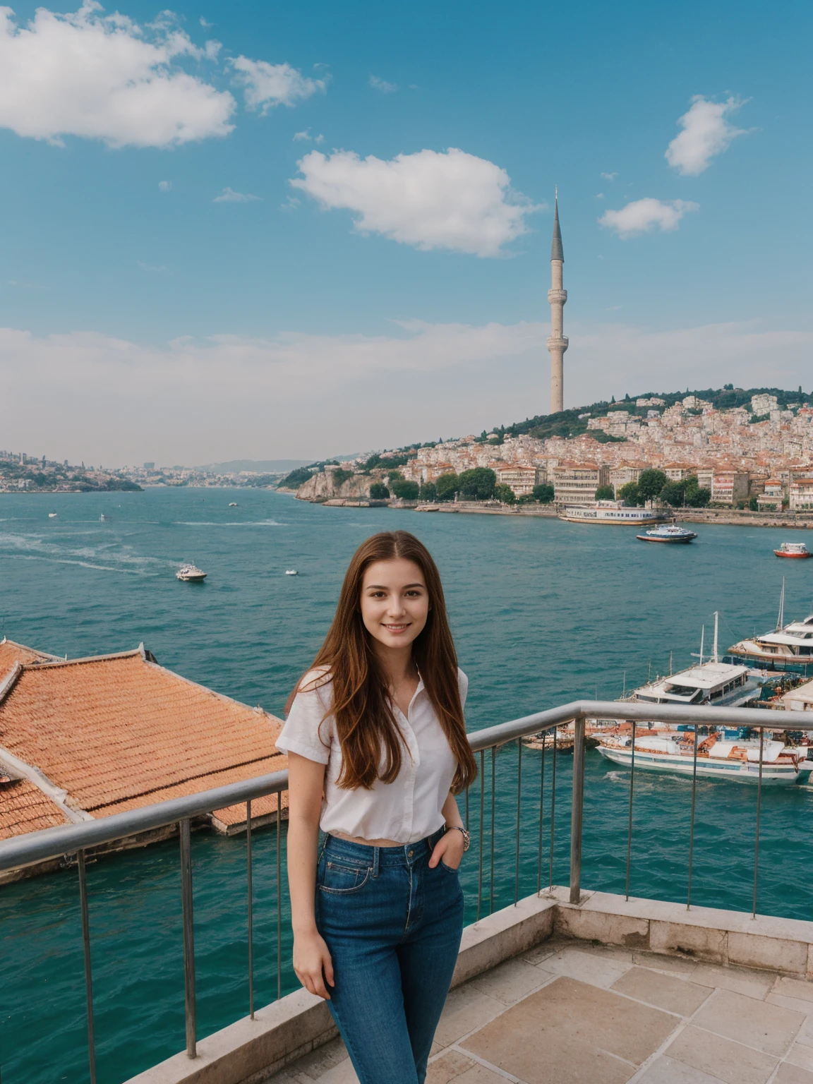 her name is Annie, high quality, 1girl, ((20-year-old fit Caucasian woman)), ((20 years old)), ((fit))  auburn long hair, pose: standing, wearing colored unique g gen Z modern wear, BACKGROUND: Lived between Europe and Asia in Istanbul, with its ancient mosques, bustling bazaars, and breathtaking views of the Bosphorus.