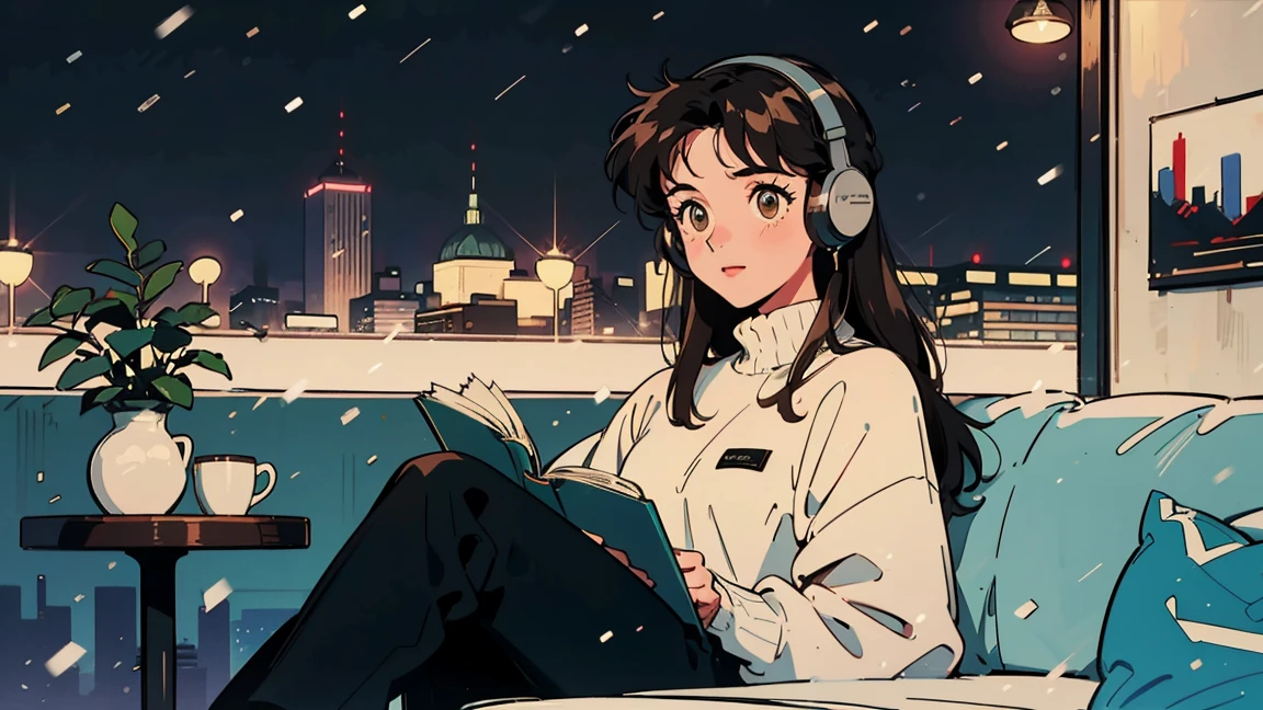 best quality, 8K, 1990s style,2010s hairstyles, 21 year old girl, black hair, long hair, light brown eyes, skin as white as snow, city pop, pants, ,night view, wearing headphones,reading a book, whole body,  relax coffee,table,confection,Looking at me, porsche
