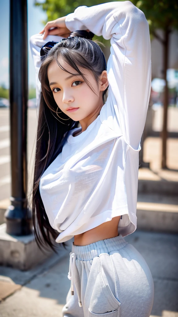 (Small box)、Small breasts,Sexy cute looks and cute 15 year old beautiful girl, Beautiful and sexy face、A strong wind blows my hair in front of my face、Cute, long, straight, beautiful black hair, ponytail,Sexy Eyes,slightly dark skin,(Uniform eye size:1.2), ((Slightly droopy eyes)), (Oversized white T-shirt:1.4), (Oversized sweatpants:1.4),(Hip Hop Dancer:1.2),Dance Studio