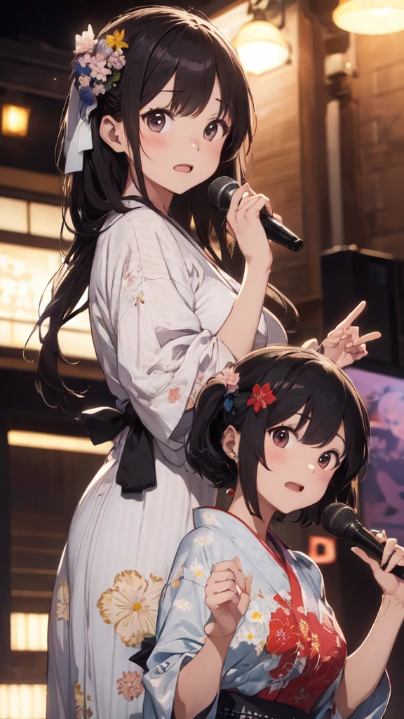 masterpiece、Ultra-detail、intricate detailes、Realistic texture、Unevenness of the human body、realistic in every detail、top-quality、Surrealist works、Women are detailed and realistic、Women in colorful yukata with floral patterns and polka dots、、Two Girls、Sisters、singer、Singing on stage、Hold the microphone、