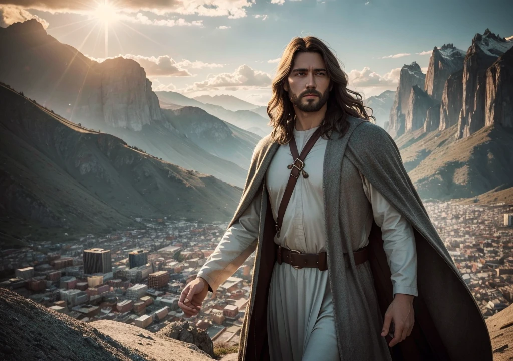 JESUS CHRIST floating and rising to heaven, sunlit, people watching in disbelief and pointing at him, at the top of a mountain, in the background the kingdoms of heaven, realistic epic, Soft cinematic portrait, Adobe Lightroom, photo laboratory, highy detailed, Art by Greg rutkowski and ArtGerm, Neutral Colors: 1.2), (hdr: 1.4), (subdued colors:1.2), hyperdetailed, (art station:1.4), cinematic, warm lights, dramatic light, (details Intricate:1.1), complex background, (Rutkowski:0.66), (blue and orange:0.4), 1080x1920 resolution, 1 men, Many people