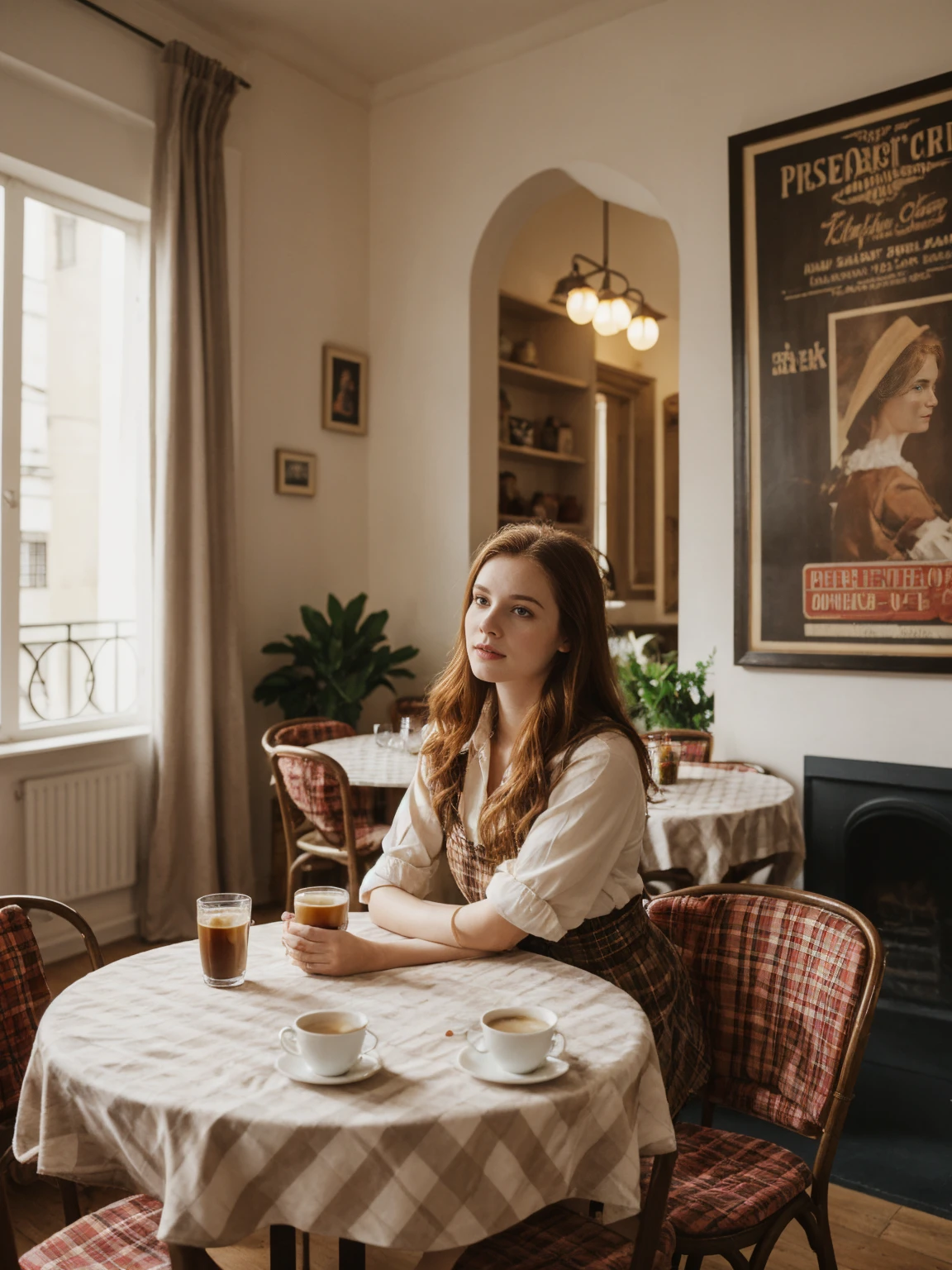 her name is Elle, high quality, 1girl, ((20-year-old fit Caucasian woman)), ((20 years old)), ((fit)), ((pale skin)), long length straight auburn hair , wearingRuched Front Satin Blouse + High-Waisted Asymmetrical Skirt, pose: sitting on a chair, background: Describe the cozy interior of a Parisian café, with its small round tables topped with checkered tablecloths, wrought iron chairs, vintage posters adorning the walls, and the aroma of freshly brewed coffee mingling with the scent of freshly baked croissants.