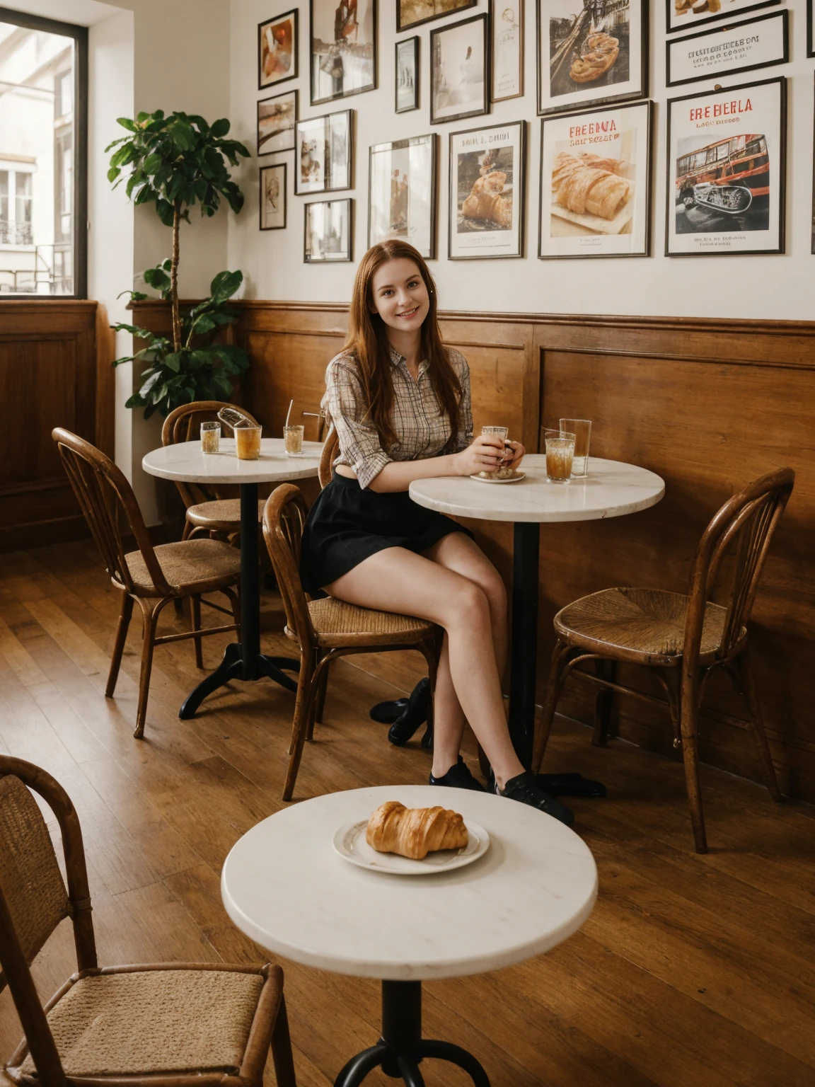 her name is Elle, high quality, 1girl, ((20-year-old fit Caucasian woman)), ((20 years old)), ((fit)), ((pale skin)), long length straight auburn hair , wearingRuched Front Satin Blouse + High-Waisted Asymmetrical Skirt, pose: sitting on a chair, background: Describe the cozy interior of a Parisian café, with its small round tables topped with checkered tablecloths, wrought iron chairs, vintage posters adorning the walls, and the aroma of freshly brewed coffee mingling with the scent of freshly baked croissants.