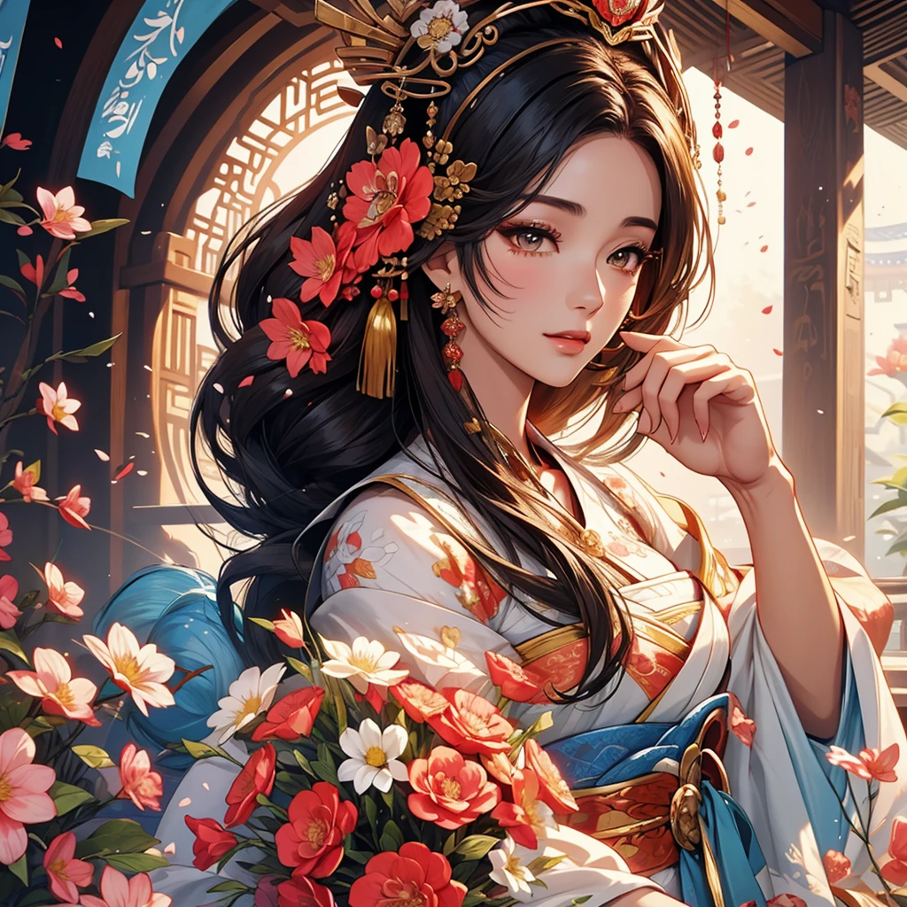 Holding a fan、Arabian woman with flowers in her hair, Exquisite digital illustrations, Beautiful artwork illustration, Amazing digital illustrations, Beautiful digital art, Inspired by Yoon Doo-seo, In the style of digital illustration, Empress of China, Portrait of a Geisha, Beautiful Fantasy Empress, Beautiful digital illustrations, 美しいPortrait of a Geisha, Portrait of a Geisha