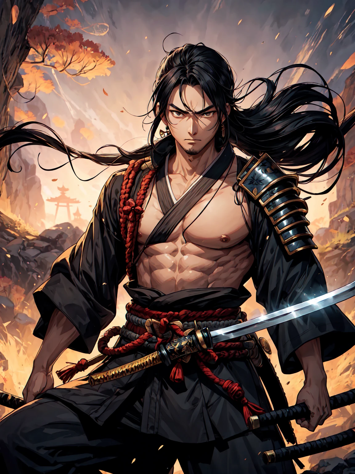 a samurai warrior in ancient japan, oda nobunaga's retainer, roronoa zoro, detailed face and body, piercing gaze, three swords at the waist, katana, flowing hair, stoic expression, powerful, muscular build, traditional japanese armor, detailed textures, highly detailed, photorealistic, 8k, cinematic lighting, dramatic colors, moody atmosphere