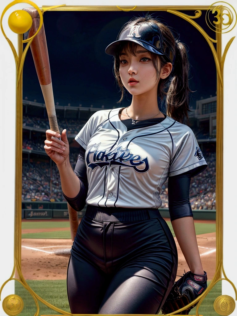 masterpiece,Highest quality,8K,High resolution,Raw photo,Professional,
Physically Based Rendering,Thin contours,
(Tarot card frame and background with rounded corners:1.3)
Two-digit Roman numerals,Baseball stadium at night, beauty league game, bright with stadium lights (Many spectators:1.1),
One beautiful woman, perfect face and body, detailed face, perfect , live action photos
(Beautiful woman swinging the bat in the batter&#39;s box:1.2)
Front view of beautiful woman
(Baseball Player Uniforms),
