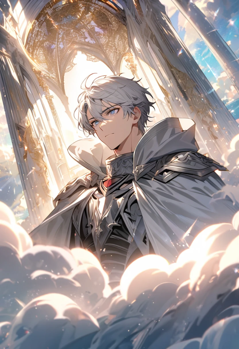 male, silver cloak, silver hair, parted bang, silver eyes, heaven, handsome, justice, holo