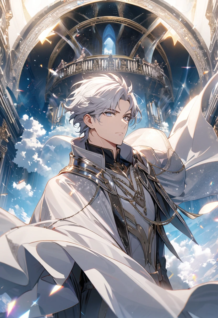 male, silver cloak, silver hair, parted bang, silver eyes, heaven, handsome, justice, holo