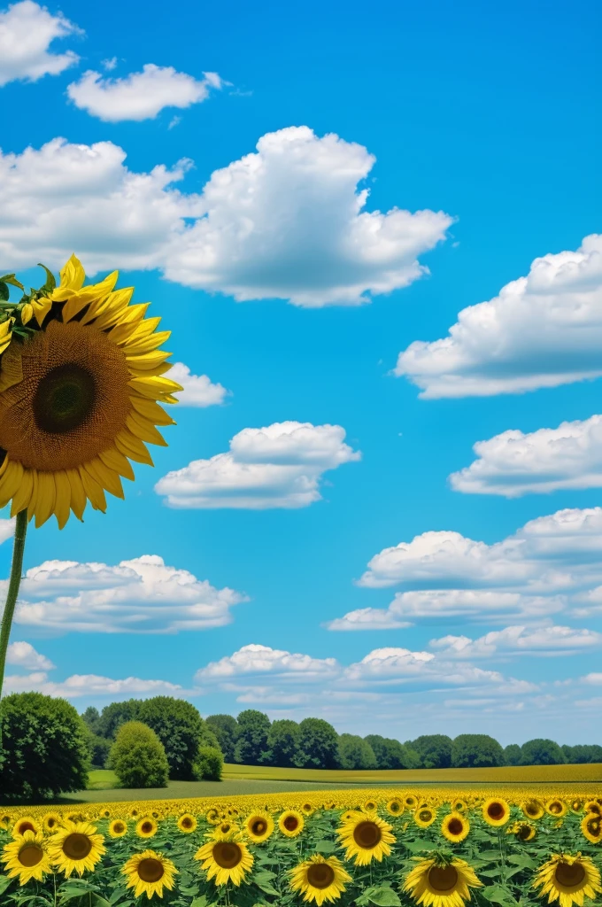 Summer beauty. Sunny fields. Green fields. Bright sun. A field of large sunflowers. Beautiful details.The sun is shining in the sky. Clear blue sky devoid of clouds.