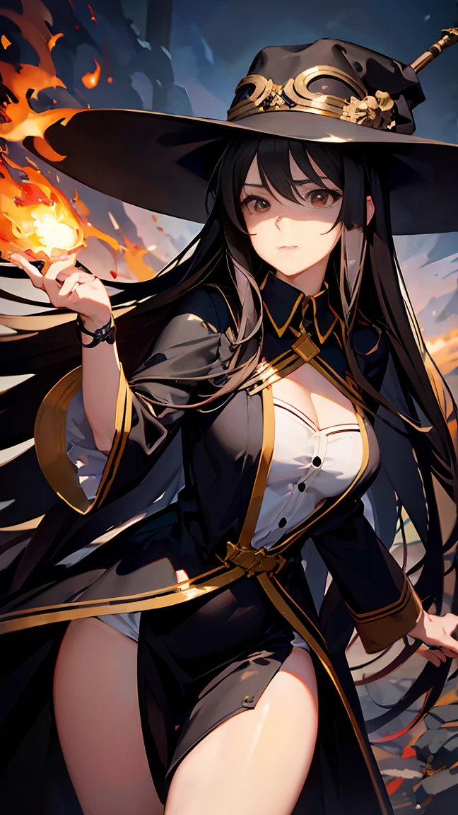 anime style, masterpiece, accurate, textured skin, high quality, best quality, highres, high details, super detail, gorgeous adult woman, black hair, Wizard, wide-brimmed hat, black dress, wand, brown hair, long hair, innocent expression, Flames in the palm of her hand