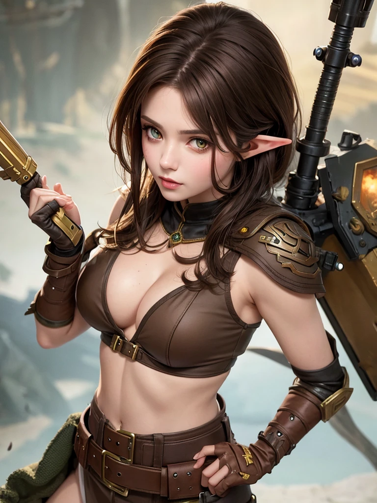 Elf beauty brown hair mercenary sniper mechanical warhammer style