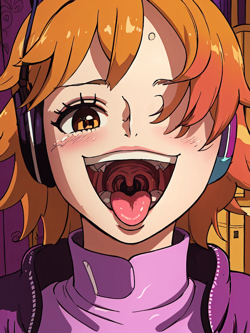 masterpiece, ((ultra detailed background, delicate pattern, intricate detail)), (highly detailed, fine details), best quality, beautiful lighting, ((medium , slim girl)), 1girl, Lilith, ((mischievous smile)) ,(bangs covering one eye), ((light ginger hair)),headphones, (brown eyes), dark-purple jacket,(pink bodysuit, (close-up, portrait), blush, open mouth, big mouth, tongue, tongue out, close up, saliva, uvula, uvula, room, mouth focus, excessive saliva, hair one eye covered, room, indoors,