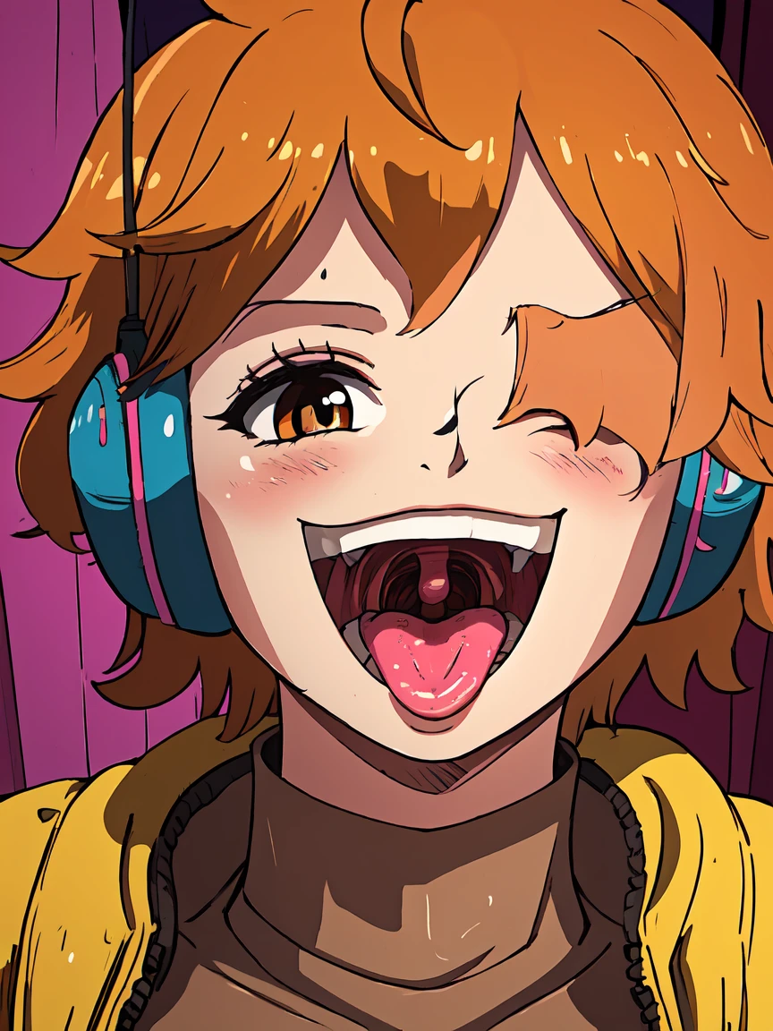 masterpiece, ((ultra detailed background, delicate pattern, intricate detail)), (highly detailed, fine details), best quality, beautiful lighting, ((medium breasts, slim girl)), 1girl, Lilith, ((mischievous smile)) ,(bangs covering one eye), ((light ginger hair)),headphones, (brown eyes), dark-purple jacket,(pink bodysuit, (close-up, portrait), blush, open mouth, big mouth, tongue, tongue out, close up, saliva, uvula, uvula, room, mouth focus, excessive saliva, hair one eye covered, room, indoors,