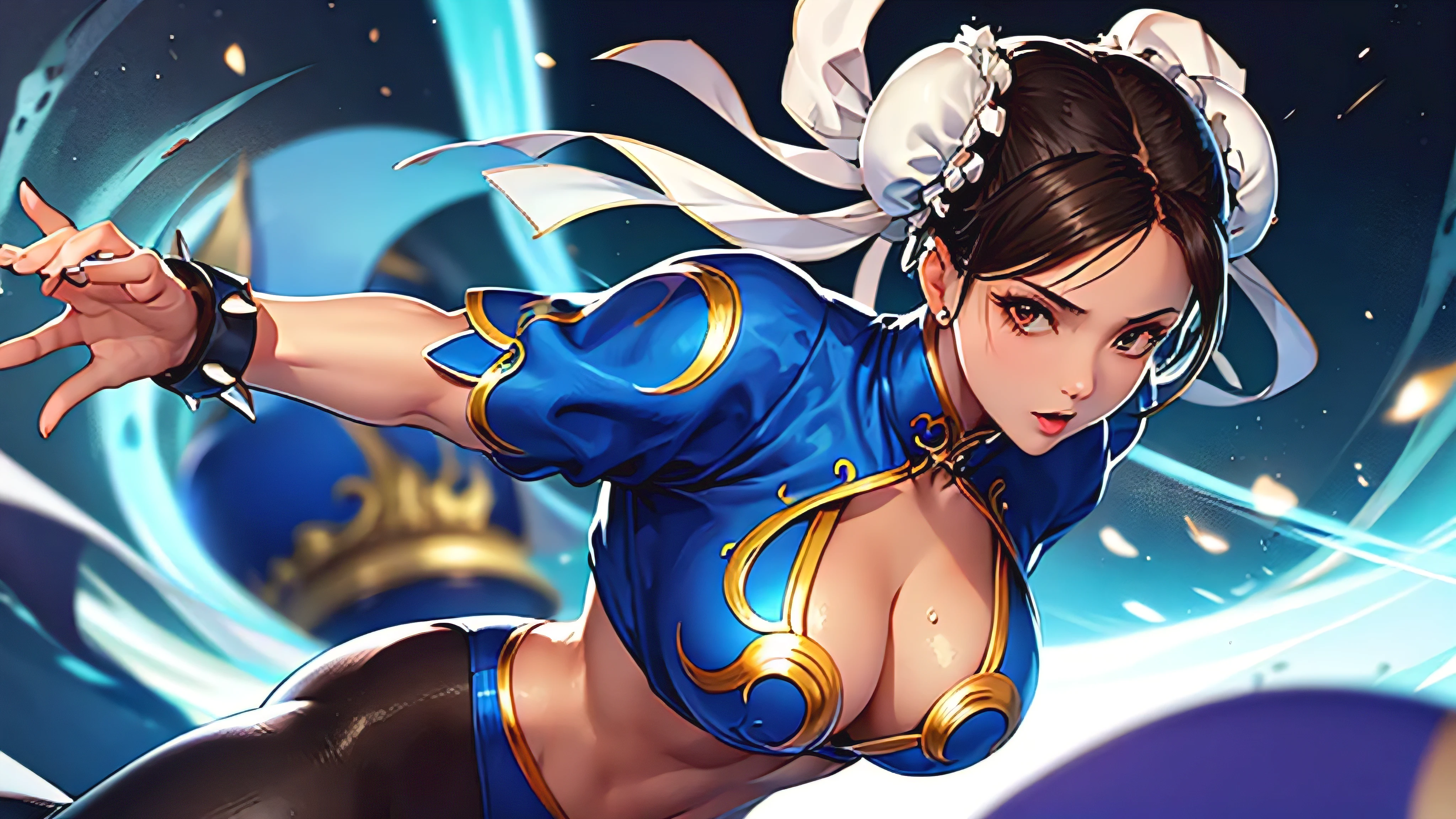 A masterpiece, high resolution, 4K,8K, perfect anatomy, bright blue top and black leggings, wearing long leggings on only right leg side, string panties, sweating, the background is a building advertisement with dazzling neon light, ((sexy body)) , ((sexy face Chun-Li)), Chun-li at the gym, athlete, street fighter of video game, extra digit, bad hands, 1girl, upper body, front view, stylish pose, looking at viewer, good applying makeup, medium breasts, cleavage, midriff peek and abs, glistening skin, nightclub background,Delete everything except the character