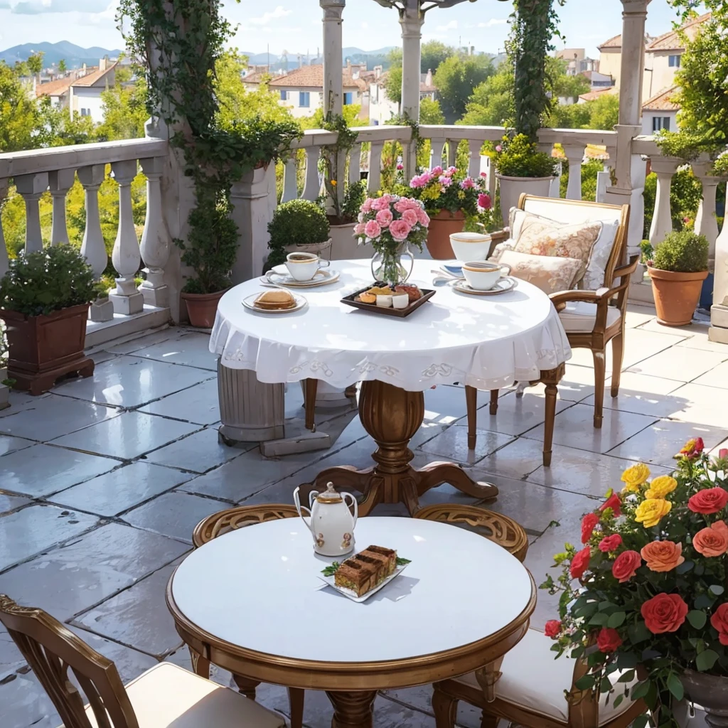Beautiful balcony decorated with beautiful flowers, Coffee and cake are on the small round table, French style with a beautiful panoramic view
