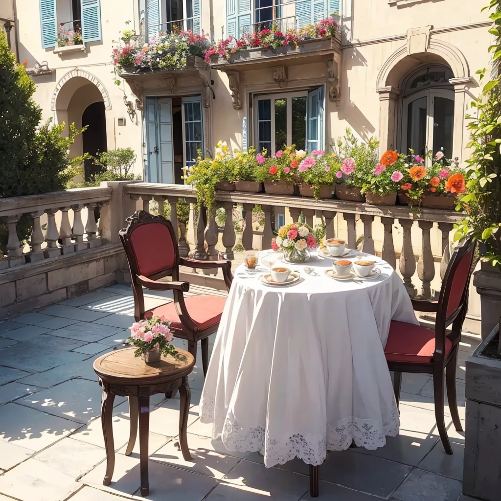 Beautiful balcony decorated with beautiful flowers, Coffee and cake are on the small round table, French style with a beautiful panoramic view