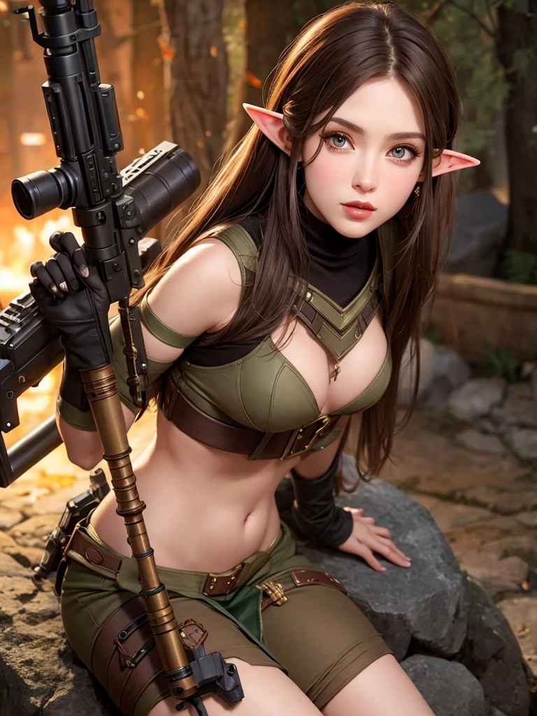 Elf beauty brown hair mercenary sniper mechanical warhammer style