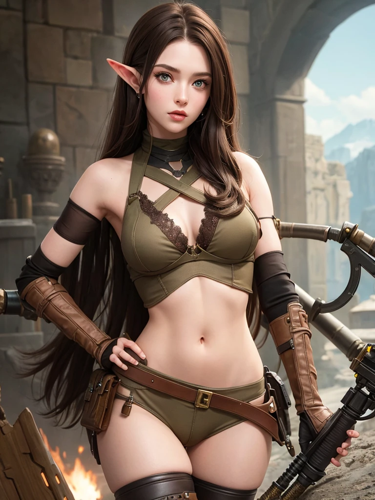 Elf beauty brown hair mercenary sniper mechanical warhammer style