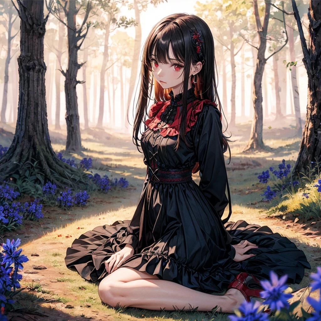 (​master piece),(top-quality:1.2),Super detailed,Watercolor style,(perfect anatomy),((arms behind back)),((((1 girl))), ((red gothic long dress)),(ash brown long hair),Layering,beautiful detailed red eyes,looking down,small breasts,expression of sadness,(in forest a lot of blue cornflowers),(wariza:1.3),(sitting),Combination of digital illustration and photography,soft pastel tones,Depth of written boundary,film lighting,The background is soft and blurry,beautiful atmosphere like a dream