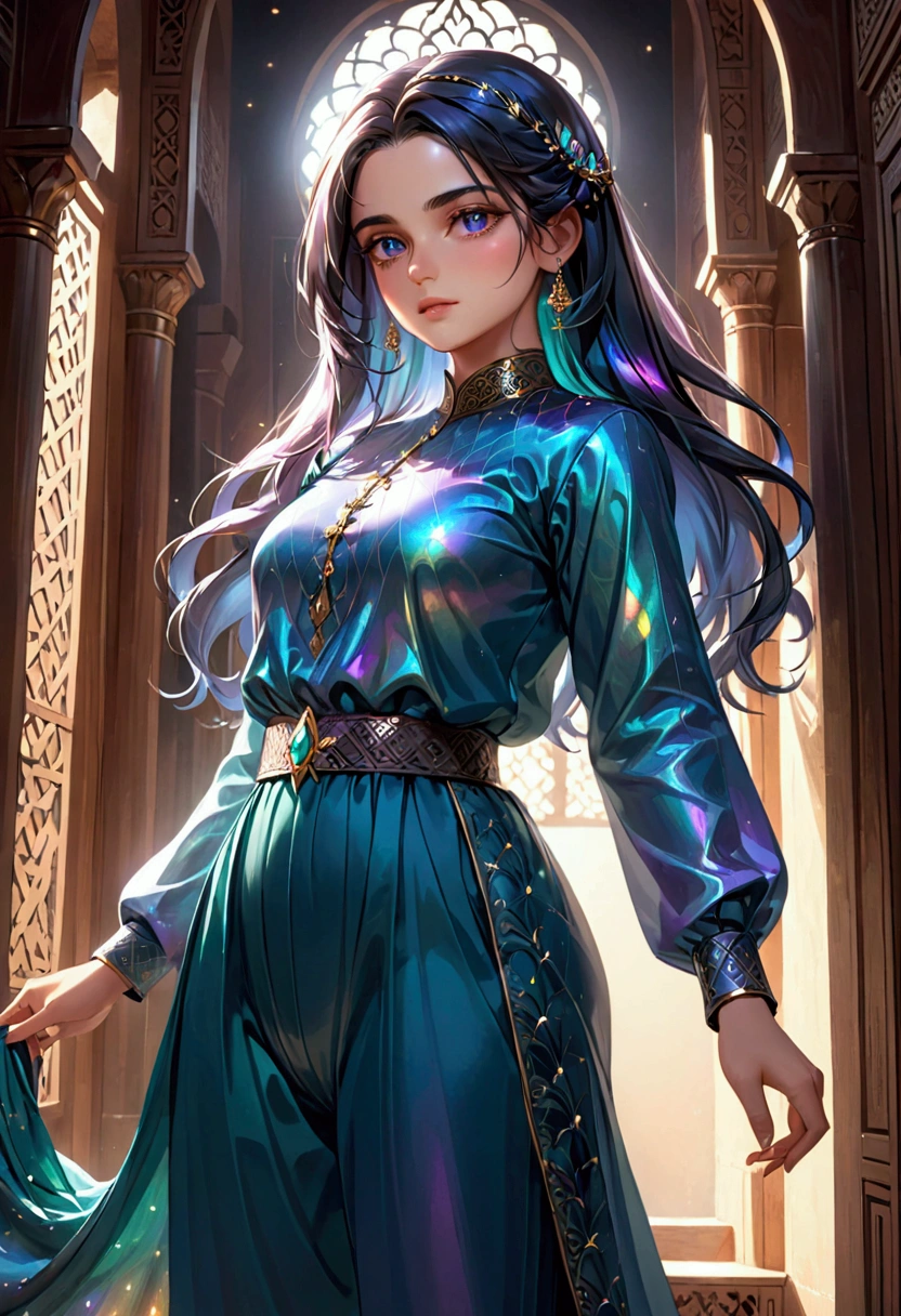 Girl with large thighs small waist and , detailed long black iridescent hair, detailed iridescent eyes, 8k, shalwar and qameez