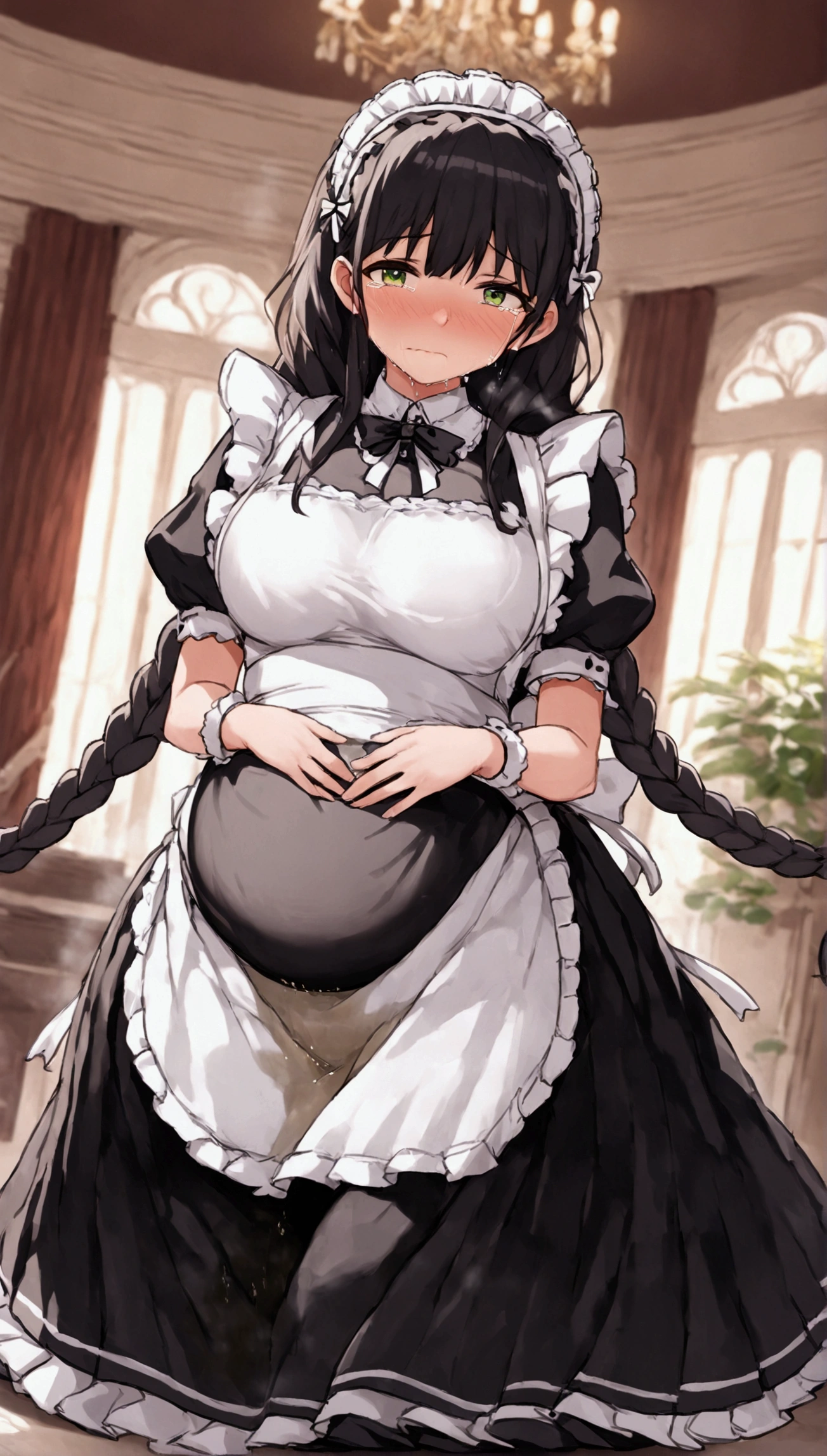 Anime. 1 girl. Housemaid. Ssbbw. Pregnant. Black hair. Long hair. Hair is gathered in braids. Green eyes. Beautiful eyes. Perfect eyes. Expressive eyes. Beautiful nose. Snotty nose. Snot flows from the nose. Very thick body. Very thick hands. Very thick legs. Big fat belly. Big fat ass. Big breasts. Beautiful breasts. Maid uniform. Standing. Full height. Living room of a luxury mansion. Cold. Runny nose. Nasal mucus. Snot. Wants to sneeze. You need to sneeze. Sneezes. Sneezes with snot. Snot comes out of her nose when she sneezes. Handkerchief. She covers her nose with her hands and a handkerchief. Blows his nose. Wants to pee. Need to pee. She peed herself. Urine runs down my thighs. Embarrassment. Blush. Tears in my eyes. Cry. Whole body. Extremely detailed CG Unity 8k wallpaper. Ideal lighting. Ultra high resolution 4K. Super detailed 8K resolution.