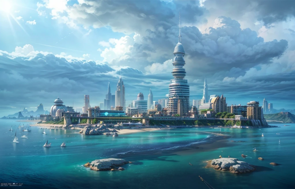 a wallpaper ultra wide angle, fantasy art, RPG art, (best Detailed: 1.5), (UHD: 1.5), (photorealistic: 1.4), mirkw00d, picture of an futuristic beach city, beautiful beach, resort, background only, tropical area, sunset, the sun is setting down there are some clouds in the sky, best details, best quality, 16k, (ultra detailed: 1.5), masterpiece, best quality, (extremely detailed), ultra wide shot, photorealism, depth of field, hyper realistic
