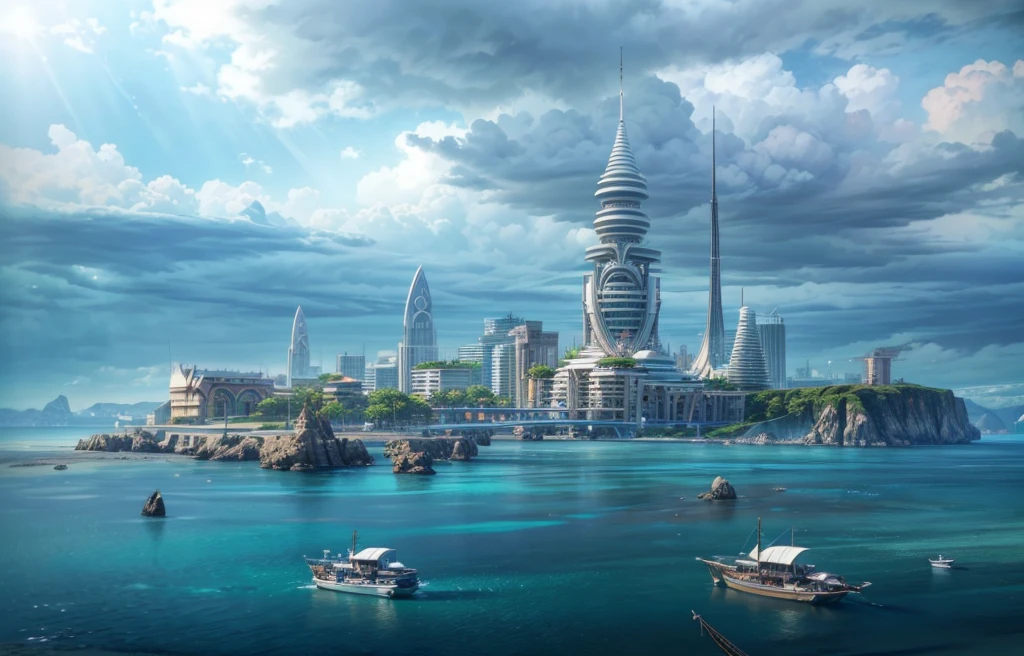 a wallpaper ultra wide angle, fantasy art, RPG art, (best Detailed: 1.5), (UHD: 1.5), (photorealistic: 1.4), mirkw00d, picture of an futuristic beach city, beautiful beach, resort, background only, tropical area, sunset, the sun is setting down there are some clouds in the sky, best details, best quality, 16k, (ultra detailed: 1.5), masterpiece, best quality, (extremely detailed), ultra wide shot, photorealism, depth of field, hyper realistic