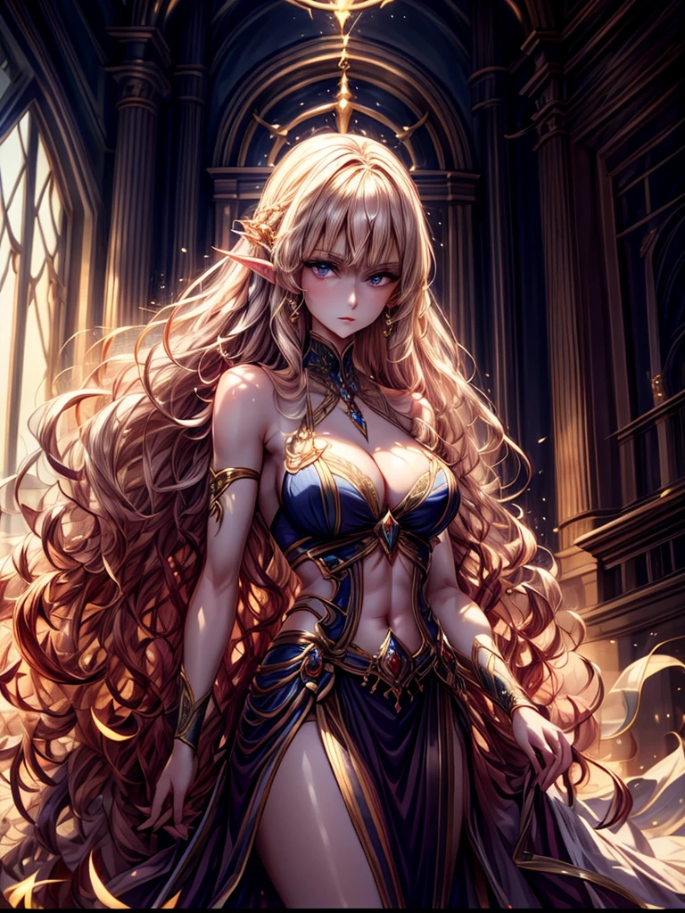 One Woman, Beautiful elven woman, Beige blue long straight hair, Upturned elven pointed ears, Sexy appearance, Attractive cleavage, Very beautiful face, Detailed顔, Delicate eyes, Detailed瞳孔, Beautiful and delicate lips, Pale skin, Severe, arrogant, Absurd, ゴージャスなDetailedドレス, Royalty, celebration, elegant, Noble, Bare shoulders, small crystal earrings, Hand-drawn animation, Detailed, Palace Ballroom, Symmetrical clothing, Highest quality, masterpiece, fair,