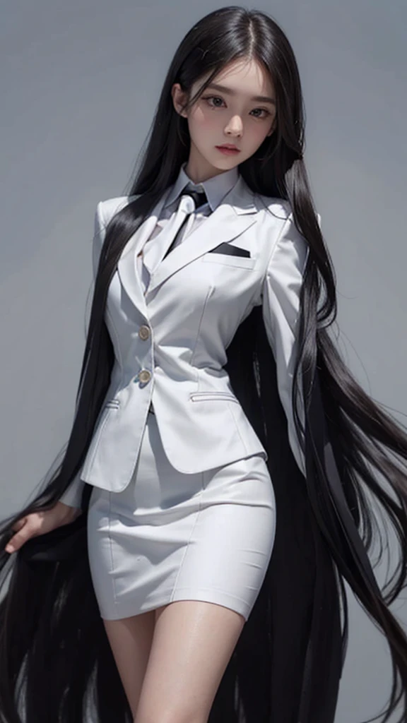 business woman, beautiful woman, Wear a suit and tie, short skirt suit, business suitwhite, กระโปรงดินสอสั้นwhite, business suitรัดรูป, All white outfit, Emphasize the curves of the body, (สาวสวยTwo meter long hair, my hair is very long., extra long hair, long black hair), business suit, (Italian style suit, two button suit), (Italian suit, white สูท, Set of two buttons), (wearing a women's suit, Business Women Suit, white), (สูทผู้หญิงwhite), (เสื้อเชิ้ตwhite), necktie, (necktieสั้นสีดำ, necktieสีดำ, necktieผอม, ถักnecktie), (military rank insignia), (Short pencil skirtwhite), (Dynamic posts), full body, (A gigantic rift), (big breasts, thin body, small waist, hips raised, small thighs, Long legs), high-heelsสีดำ, (Short pencil skirt, white), Wearing a suit for a business woman, (Wearing a white businesสูท, business suitหญิงwhite), (tight, military regalia, เสื้อwhite, กระโปรงwhite), Long legs, (black shoes), (Two gold สูท buttons, Two meter long hair, Form fitting suit, เสื้อสูทwhiteทรงธรรมดารัดรูป), (black shoes, high-heels), (stand, walk, elegant gesture, Dynamic posts), short dress, earring, garden, Modeling