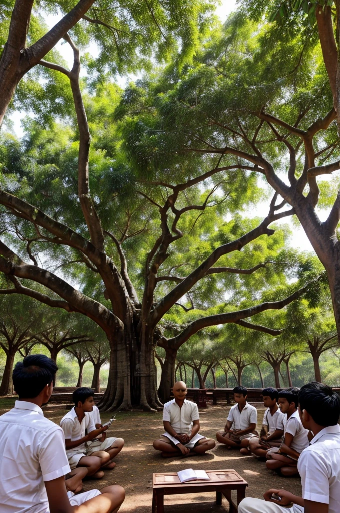 Kautilya teaching a group of students under a large banyan tree, with an open scroll in his hands.