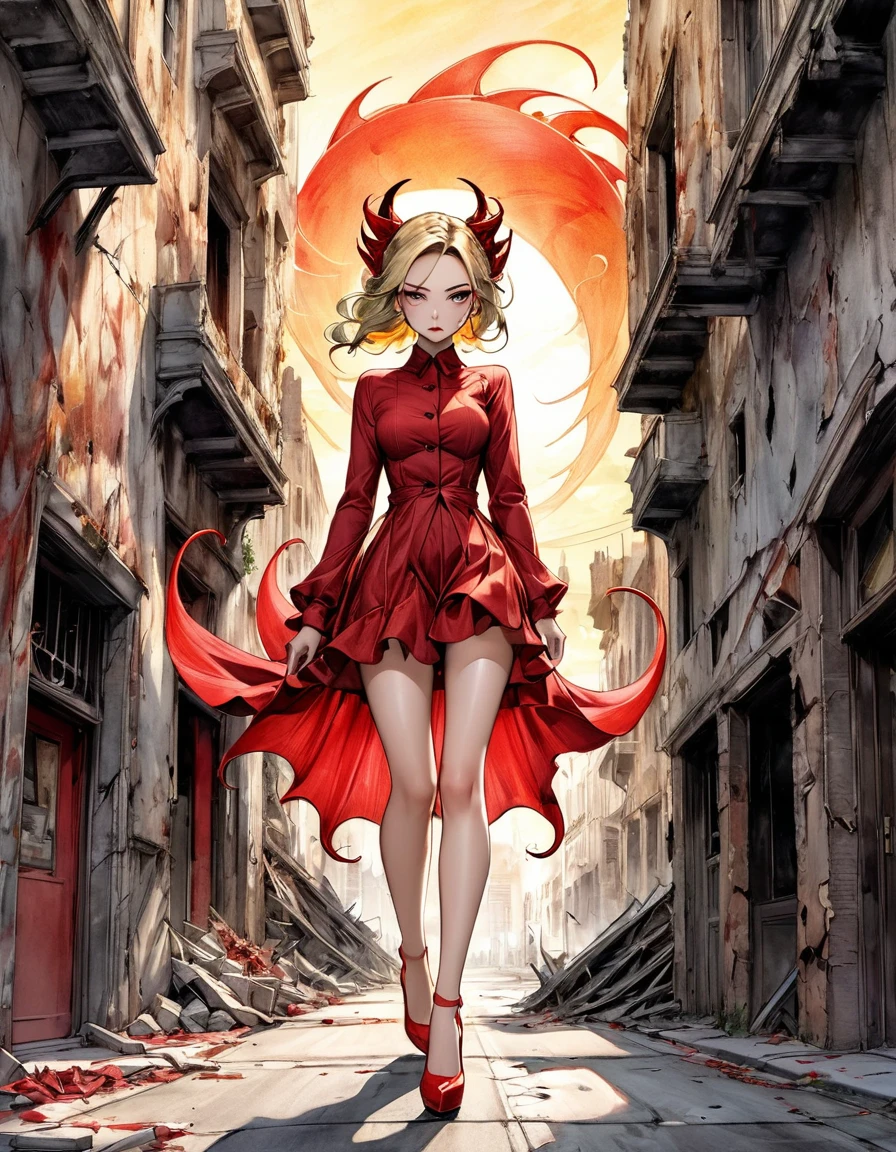 atmosphere terror devil {Amanda Sage Camilla Sanchez Edgar Degas} very fine drawing cartoon sketch art pastels watercolor pencil sketch all gold red terror evil Venom rich deep color bright palette. perfect full body composition wonderful sexy sad woman luminous face sensual allure walking city ruins masterpiece smooth smart focus