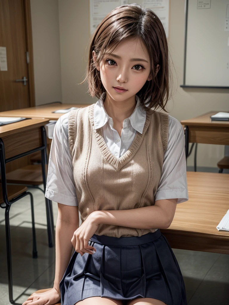 Masterpiece, Top Quality, Top Mikoto, brown eyes, short hair, small breasts, looking at viewer, alone, closed mouth, collared shirt, beige knit vest, dark blue  Skirt, school_uniform, shirt, white_shirt, classroom,Masterpiece, highest quality, 8K, detailed skin texture, fine cloth texture, beautiful detailed face, intricate details, super detailed,cute,cute posing,composition that shows the whole body,