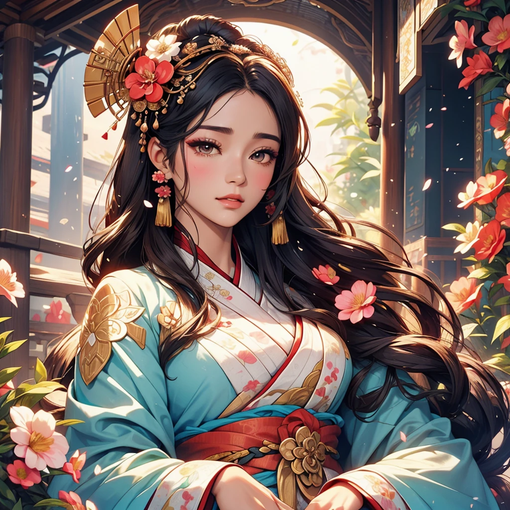 Holding a fan、Arabian woman with flowers in her hair, Exquisite digital illustrations, Beautiful artwork illustration, Amazing digital illustrations, Beautiful digital art, Inspired by Yoon Doo-seo, In the style of digital illustration, Empress of China, Portrait of a Geisha, Beautiful Fantasy Empress, Beautiful digital illustrations, 美しいPortrait of a Geisha, Portrait of a Geisha